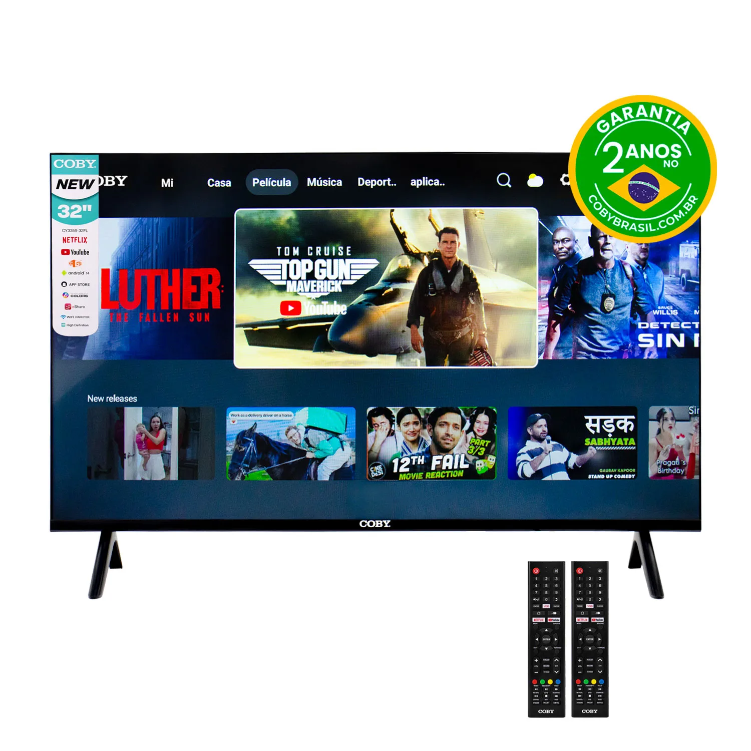 Smart TV Coby CY3359-32ISDBT - HD - HDMI/USB - Wi-Fi - 2 Controles - Android 14 - 32''
